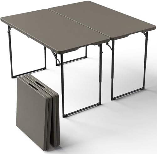 2 Pack Folding Table, 4FT Foldable Picnic Table with Adjustable Height, Heavy Duty Fold-in-Half Portable Table for Weddings, Camping, RV Travel, Parties, BBQs, Easy to Fold and Store, Khaki