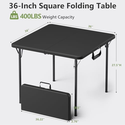 Folding Table 2 Pack, 36 Inch Square Foldable Card Tables, No Assembly Portable Folding Tables, Heavy Duty Fold-in-Half Tables with Carry Handles for Camping, Picnic, Parties, RV Travel & Indoor Use