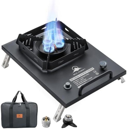 Portable Camping Stove, 25591 BTU, Folding Gas Stove, 304 Stainless Steel, Windproof, Electronic Ignition, Rotary Flame Control, Carry Bag Included, Matte Black, for IGT Table, Outdoor & RV Cooking.