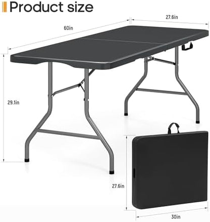 SKONYON 5ft Folding Table Heavy Duty 350 LBS Foldable Table with 18% Thicker HDPE Top Reinforced Steel Frame Portable Fold-in-Half Table Under 18 lbs for Outdoor Indoor Party Wedding Camping Black