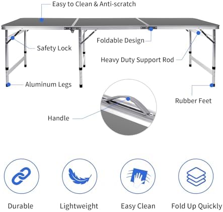 Moosinily Camping Table 6FT Folding Table Large 3 Adjustable Height Portable Picnic Table Camp Aluminum Outdoor Picnic BBQ Black
