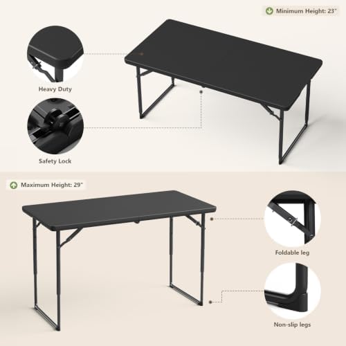 Folding Table 4FT Heavy Duty Plastic Table with Handle, Foldable&Portable, Fold-in-Half Utility Tables for Outdoor, Dining, Wedding, Events, Indoor, Picnic, Camping, Party, Black