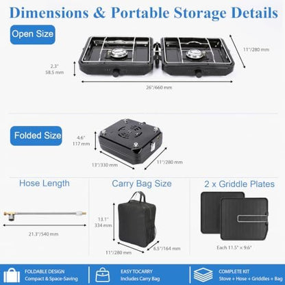 Uniflasy Foldable 2 Burner Camping Stove with Griddles
