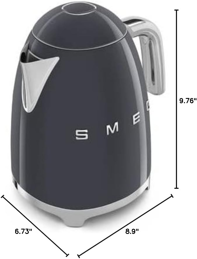 SMEG KLF03 7 Cup Electric Water Kettle, Retro-Style, Soft-Opening Lid, Auto Shut-Off, 360° Swivel Base – Grey