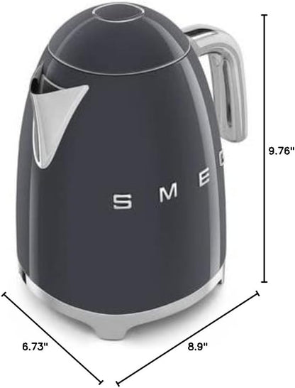 SMEG KLF03 7 Cup Electric Water Kettle, Retro-Style, Soft-Opening Lid, Auto Shut-Off, 360° Swivel Base – Grey