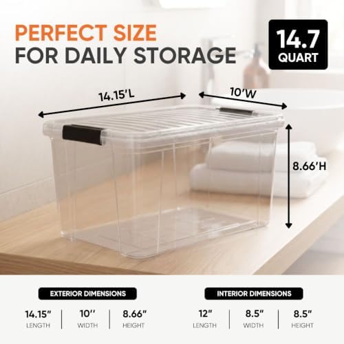 Superio 14.7 Quart Clear Plastic Storage Boxes with Lids, Stackable Organizer Containers, BPA-Free Storage Bins for Home, Office, School & Dorm, 5 Pack