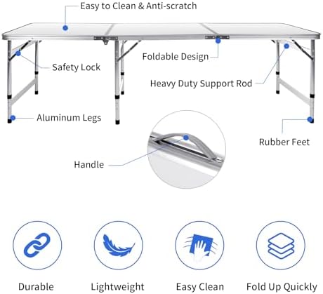 Moosinily Camping Table 6FT Folding Table Large 3 Adjustable Height Portable Picnic Table Camp Aluminum Outdoor Picnic BBQ White