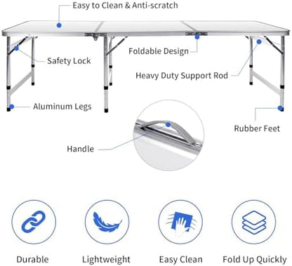 Moosinily Camping Table 6FT Folding Table Large 3 Adjustable Height Portable Picnic Table Camp Aluminum Outdoor Picnic BBQ White