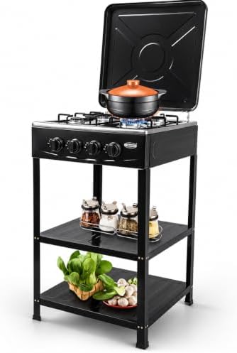 4 Burner Gas Stove Portable Outdoor Stove with Removable Storage Stand, Heavy Duty Stainless Steel Propane Gas Cooker with Wind Blocking Cover for Camping Picnic Home RV Cooking (no hose)