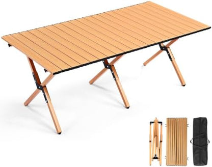 Suzile 2 Pack 4FT Folding Camping Table, Roll Up Portable Camp Table with Carry Bag, Low Collapsible Lightweight Aluminum Outdoor for Camping, Picnic, Beach, Patio, Kitchen (Yellow Wood Color)