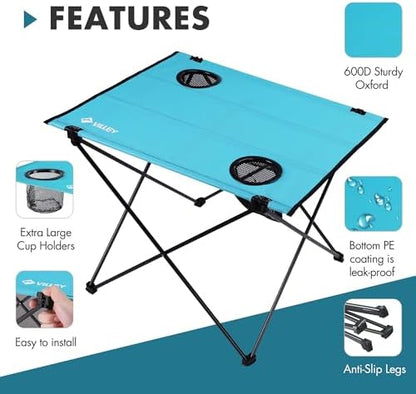 VILLEY Folding Camping Table, Portable Table with 2 Cup Holders, Large