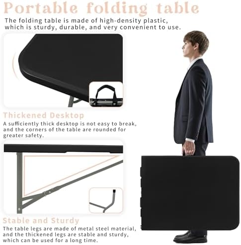 HAISIWLKJ Folding Table 6 FT Lightweight Camping Table Black Portable Plastic Rectangular Outdoor Dining Table Steel Legs Fold-in-Half with Carrying Handle for Indoor,Picnic,Party,Wedding,Events