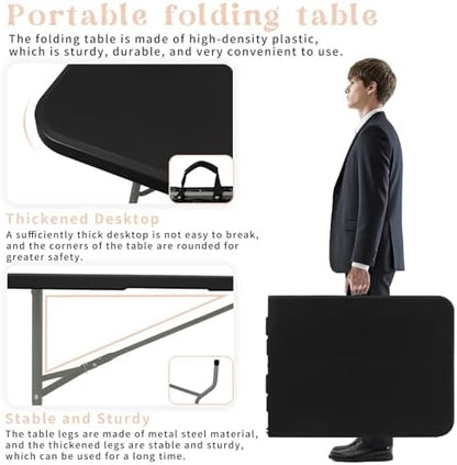 Set of 2 Folding Table 5 FT Camping Table Portable Heavy Duty Plastic Rectangular Outdoor Dining Table Steel Legs Fold-in-Half with Carrying Handle for Indoor,Picnic,Party,Wedding,Events(Black)