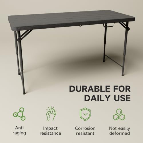 4FT Folding Table, 3 Adjustable Height & Heavy Duty, Double-Layer HDPE with Steel Legs, Foldable Table for Camping, Parties, Picnics, Black Wood Grain, 1 Pack