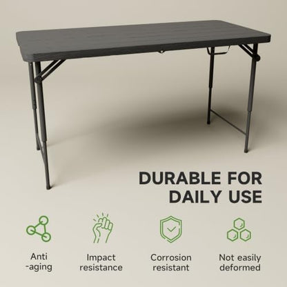 4FT Folding Table, 3 Adjustable Height & Heavy Duty, Double-Layer HDPE with Steel Legs, Foldable Table for Camping, Parties, Picnics, Black Wood Grain, 1 Pack