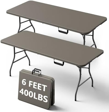 6FT Folding Table, Heavy Duty Plastic Fold-in-Half Utility Table with Handle, Portable Camping Picnic Table with Steel Legs for Indoor Outdoor Party, Dining, Khaki,2 Pack