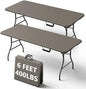 6FT Folding Table, Heavy Duty Plastic Fold-in-Half Utility Table with Handle, Portable Camping Picnic Table with Steel Legs for Indoor Outdoor Party, Dining, Khaki,2 Pack