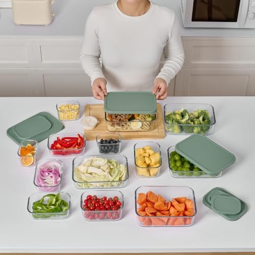 Glass Food Storage Containers with Lids — 6 Piece — 26.5 oz & 40.57 oz Glass with BPA-Free Leak Resistant Stackable Lids — Microwave, Oven & Dishwasher Safe — Ideal for Meal Prep & More - Soft Sage