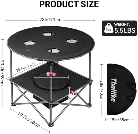 Portable Lightweight Folding Camping Table with Cooler and 4 Large Cup Holders Collapsible Picnic Camp Table Foldable Outdoor Table with Carry Bag for BBQ Tailgating Beach RV Travel Hiking