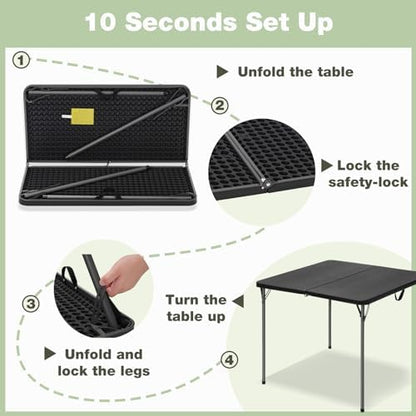 34" Square Folding Table for 4 Person, 330lbs Weight Capacity Foldable Table with HDPE Tabletop & Heavy-Duty Steel Legs, Large Portable Picnic Table for Indoor Outdoor Parties, Camping, Black, 2 Pack