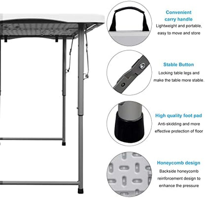 SKONYON Folding Table 4 Foot Height Adjustable Fold-in-Half Table with Carrying Handle, Small Card Table Indoor Outdoor Use, White