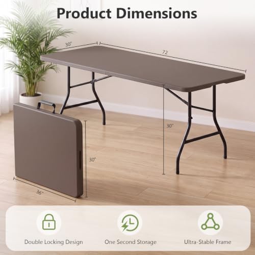 6ft Folding Table, Foldable Picnic Table Portable Table for Indoor Outdoor Use Heavy Duty Plastic Table Camping Table with Carry Handle for Party, BBQ, Brown