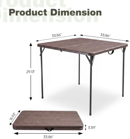 34" Square Folding Table for 4 Person, 330lbs Weight Capacity Foldable Table with HDPE Tabletop & Heavy-Duty Steel Legs, Portable Picnic Table for Indoor Outdoor Parties, Camping, Coffee Woodgrain