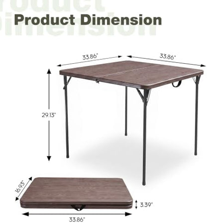 34" Square Folding Table for 4 Person, 330lbs Weight Capacity Foldable Table with HDPE Tabletop & Heavy-Duty Steel Legs, Portable Picnic Table for Indoor Outdoor Parties, Camping, Coffee Woodgrain