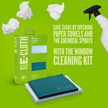 E-Cloth Window Cleaning Cloth - Eco Packaging - Glass Cleaning Cloth, Streak-Free Windows with Just Water, Microfiber Towel Kit for Windows, Car Windshield, Mirrors - Winter Green - 2pack