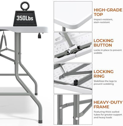 SKONYON 6ft Folding Table Heavy Duty 350 LBS Foldable Table with 18% Thicker HDPE Top Reinforced Steel Frame Portable Fold-in-Half Table Under 22 lbs for Outdoor Indoor Party Wedding Camping White