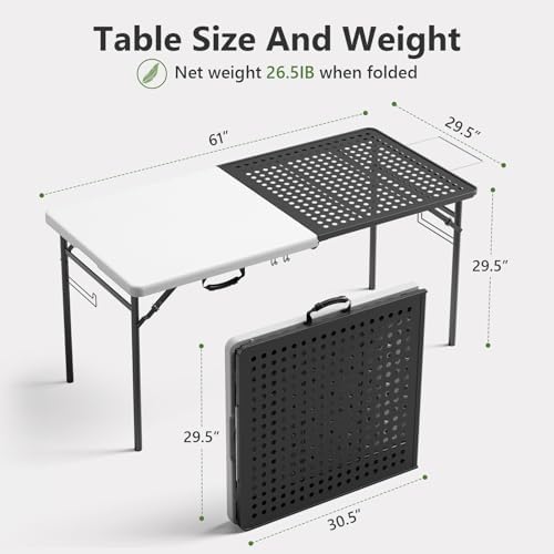 Folding Table 2 Pack, 5ft Folding Grill Table, Portable Camping Prep Table for Cooking&BBQ, 2-in-1 Metal&Solid Surface Foldable Grill Station for Camping, Backyard, Patio Cooking Use(Black and White)