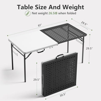Folding Table 2 Pack, 5ft Folding Grill Table, Portable Camping Prep Table for Cooking&BBQ, 2-in-1 Metal&Solid Surface Foldable Grill Station for Camping, Backyard, Patio Cooking Use(Black and White)