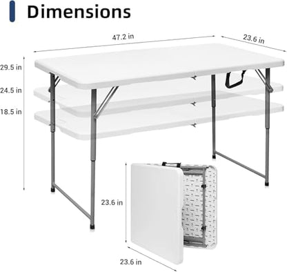 SKONYON 4 Foot Folding Table Heavy Duty Portable Fold-in-Half Plastic Utility Table Small Indoor Outdoor Adjustable Height Folding with Carrying Handle, Camping and Party, Portable White