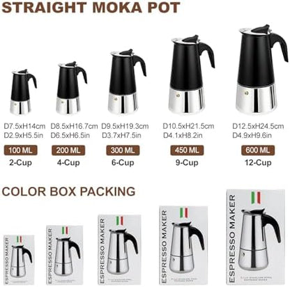 2 Cup Stovetop Espresso Maker Stainless Steel Moka Pot Stove Top Percolator Italian Coffee Makers Capable Mocha Greca Machine Cafe Classic Induction Cookers for Home and Camping 100ml 3.3oz