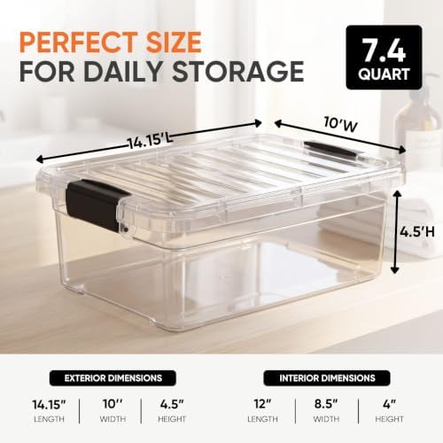 Superio 7.4 Quart Clear Plastic Storage Bin with Lid, Stackable Organizer Box, BPA-Free Storage Container for Home, Garage, School & Office, 5 Pack