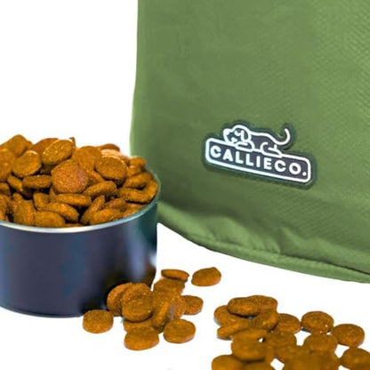 Callieco Dog Food Travel Bag w/ 1 Cup Scoop and Zipper Side Pocket | Waterproof Kibble Storage Container for Home, Road Trips, Camping, Boarding and More (Green, 64 Cups)