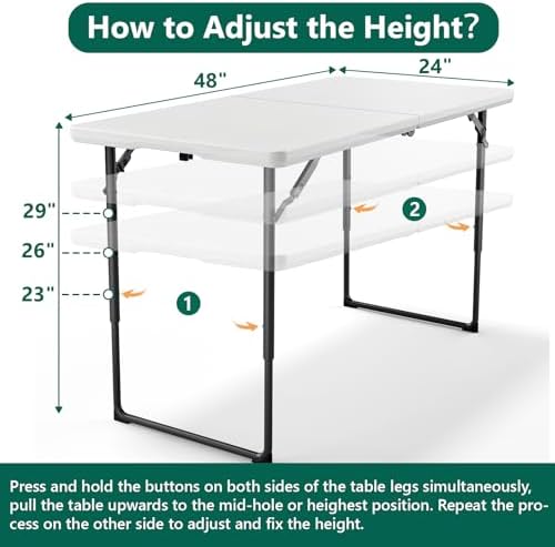 4FT Folding Table with 4 Pack Folding Chair, Foldable Picnic Table with Adjustable Height and Plastic Foldable Chairs for Weddings, Camping, RV Travel, Parties, BBQs, and Indoor Use, White