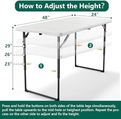 4FT Folding Table with 4 Pack Folding Chair, Foldable Picnic Table with Adjustable Height and Plastic Foldable Chairs for Weddings, Camping, RV Travel, Parties, BBQs, and Indoor Use, White