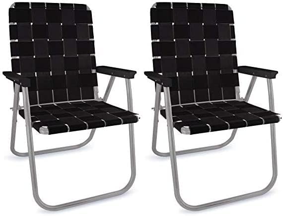 Lawn Chair USA - Outdoor Chairs for Camping. Made with Lightweight Aluminum Frames and UV-Resistant Webbing. Folds for Easy Storage 2- Pack (Black with Black Arms, Classic)
