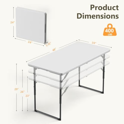 4 FT Folding Table with Adjustable Height, Heavy Duty Fold in Half Utility Table, Portable Plastic Picnic Table, No Assembly Card Table for Camping, BBQ, Party, RV Travel