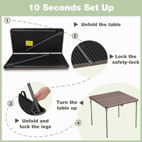 34" Square Folding Table for 4 Person, 330lbs Weight Capacity Foldable Table with HDPE Tabletop & Heavy-Duty Steel Legs, Portable Picnic Table for Indoor Outdoor Parties, Camping, Coffee Woodgrain