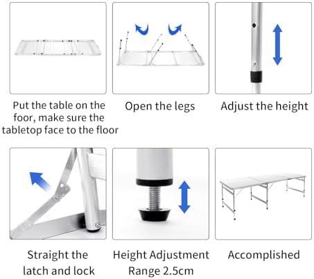 Moosinily Camping Table 6FT Folding Table Large 3 Adjustable Height Portable Picnic Table Camp Aluminum Outdoor Picnic BBQ White