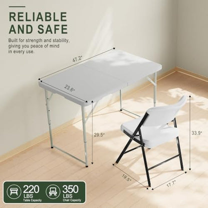 HULKFIT Portable 5-Piece Folding Table and Chairs Set, Heavy Duty 4ft Camping & Party Furniture for Indoor Outdoor Events, White