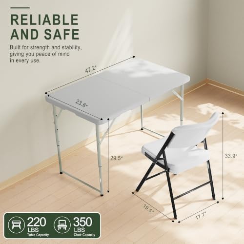 HULKFIT Portable 3-Piece Folding Table and Chairs Set, Heavy Duty 4ft Camping & Party Furniture for Indoor Outdoor Events, White