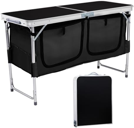 VINGLI 4 Ft Folding Table, Aluminum Camping Table, Picnic Table with Storage, Adjustable Height for Outdoor Beach BBQ Backyards Travel Party (Black)