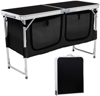 VINGLI 4 Ft Folding Table, Aluminum Camping Table, Picnic Table with Storage, Adjustable Height for Outdoor Beach BBQ Backyards Travel Party (Black)