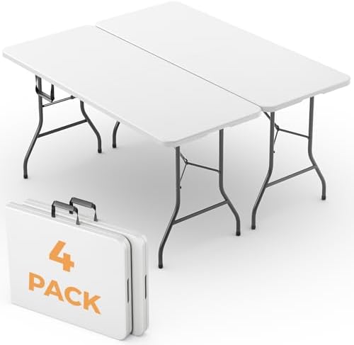 6FT Folding Table 4 Pack, Heavy Duty Fold in Half Plastic Tables with Carry Handle, Portable Indoor Outdoor Utility Table for Party, Picnic, Camping, Banquet, Wedding, RV Travel