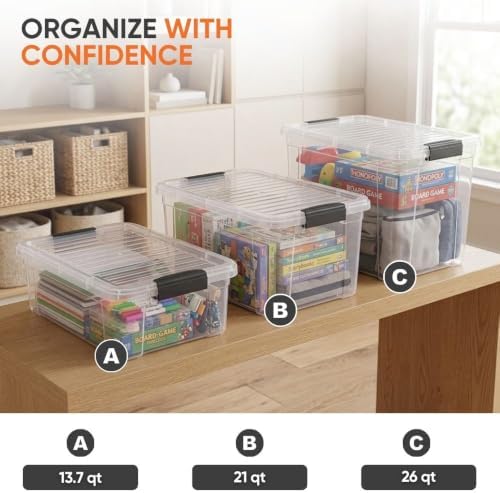 Superio 13.7 Quart Clear Plastic Storage Bin with Lid, Stackable Organizer Box, BPA-Free Storage Container for Home, Garage, School & Office, 2 Pack