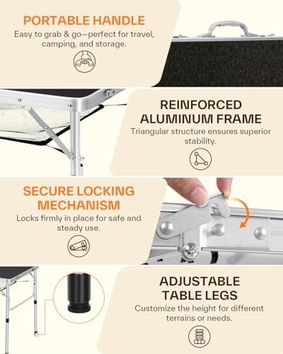Sportneer Folding Table: Adjustable Height Camping Essentials 35.4" L x 23.6" W 2 Height with Mesh Layer - Compact & Portable Small Folding Table for Outdoor Camp Garden Picnic BBQ Dining Cooking