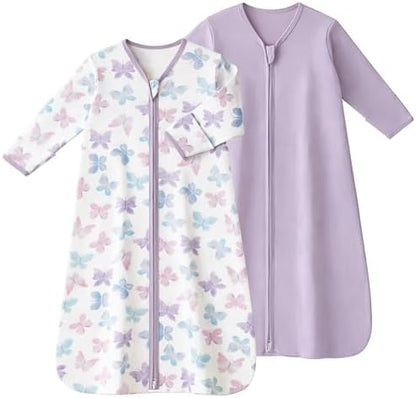 Baby Sleep Sack 12-18 Months, Long Sleeve Baby Wearable Blanket 0.5 Tog with Mittens, 2-Way Zipper Toddler Cotton Sleeping Sack for Boy and Girl Purple Butterfly 2 Pack(Large)